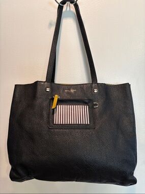 Black Leather Tote Bag with Stripe Pocket and Yellow Zip Pull